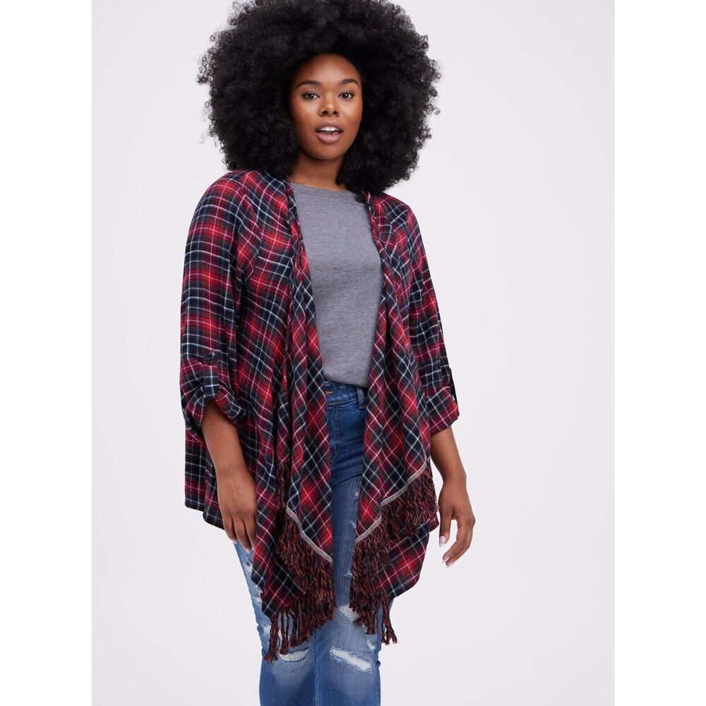 Torrid Black Plaid Flannel Drape Fringe Country Western Sleeve Cardigan Woman Lg